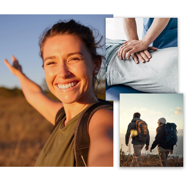 3 photos, one of a happy woman outside, a person getting an adjustment, and a couple hiking.
