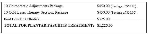 A pricing chart for Plantar Fasciitis treatments.