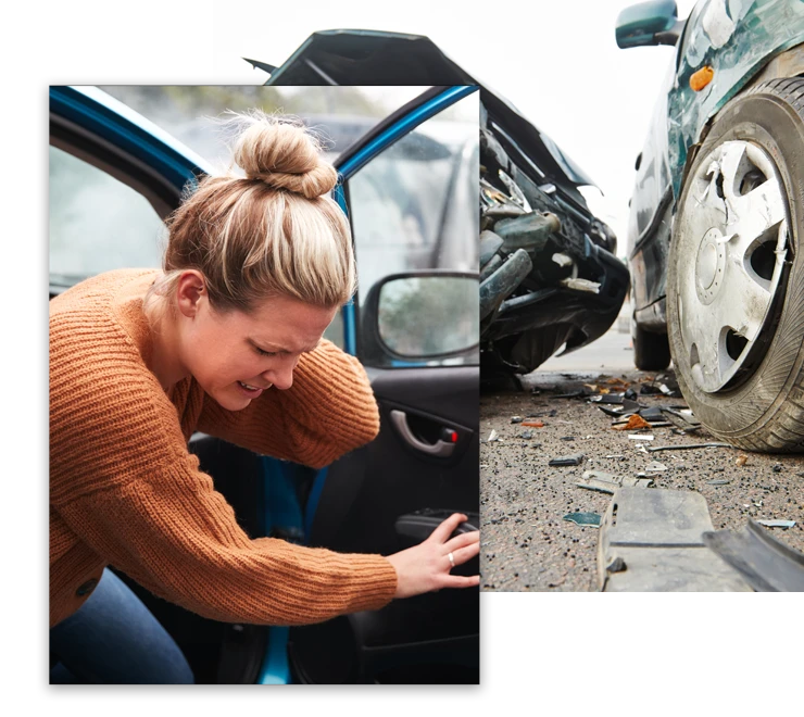 A young woman holding her neck while exiting her vehicle after an auto accident